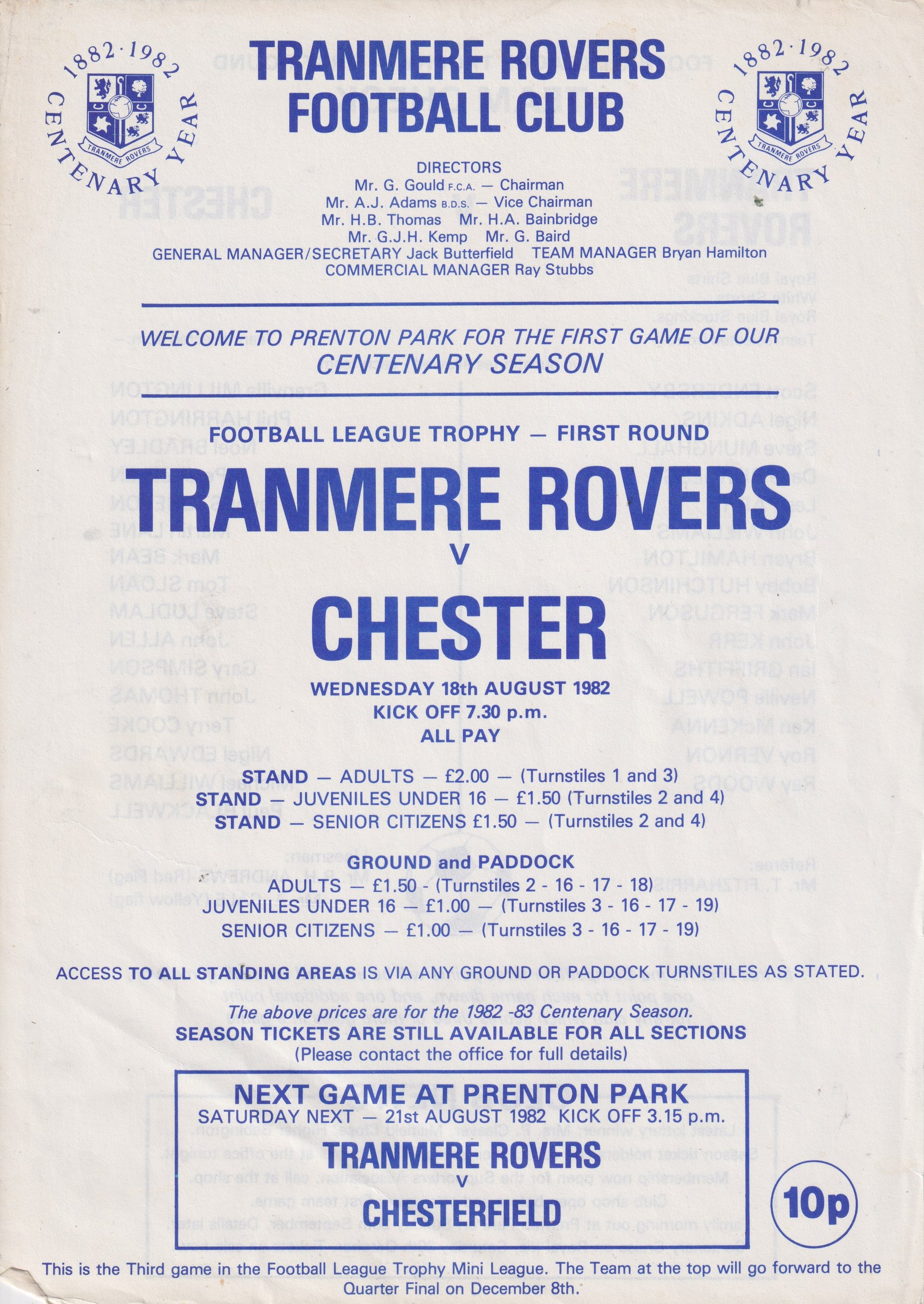 Tranmere Rovers v Chester match programme